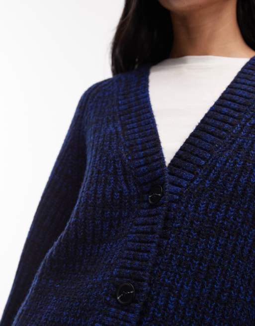 & Other Stories wool and cotton blend v neck cable cardigan in blue and black twist, 3 of 4