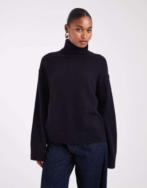 & Other Stories wool and cotton oversized funnel neck jumper in navy - view 1