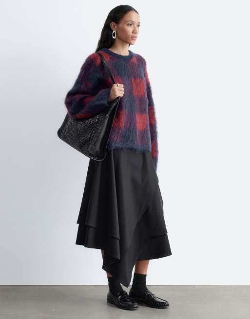& Other Stories wool and mohair blend checkerboard hairy jumper in dark blue, 3 of 5