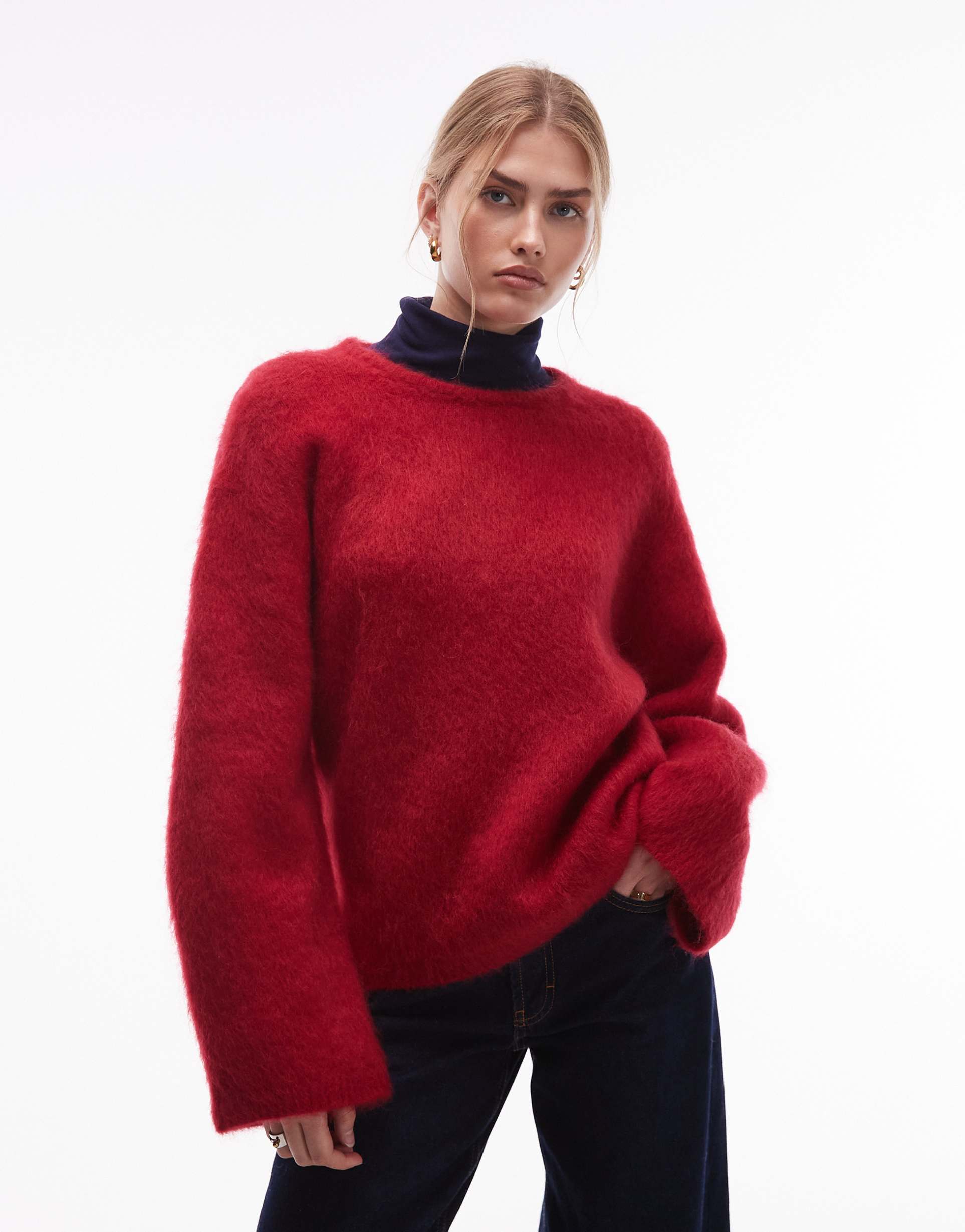 & other stories wool and mohair blend dropped shoulders sweater in dark red