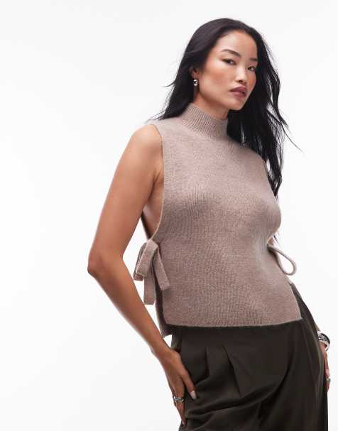 & Other Stories wool and mohair blend mock neck knitted vest with side tie detail in beige - view 1