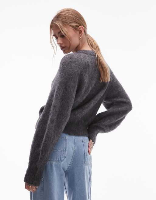 & Other Stories wool and mohair mix jumper with volume sleeves in dark grey , 4 of 4