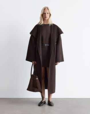 & Other Stories Wool Belted Maxi Coat With Funnel Neck In Gray