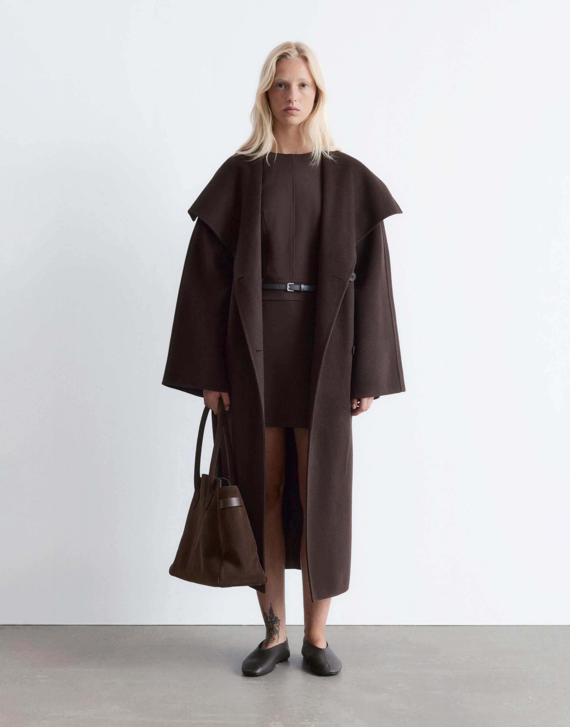 & other stories wool belted maxi coat with funnel neck in brown