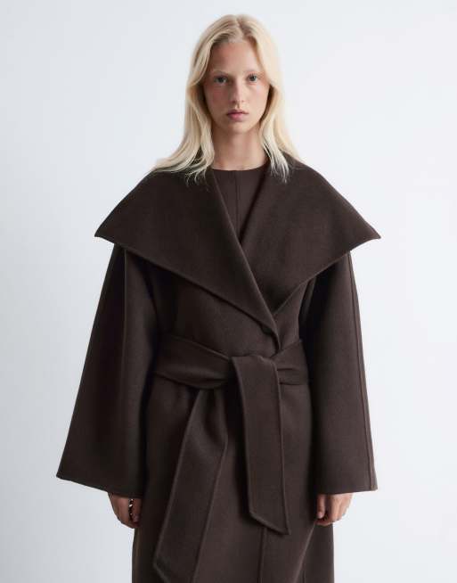 & Other Stories wool belted maxi coat with funnel neck in brown
