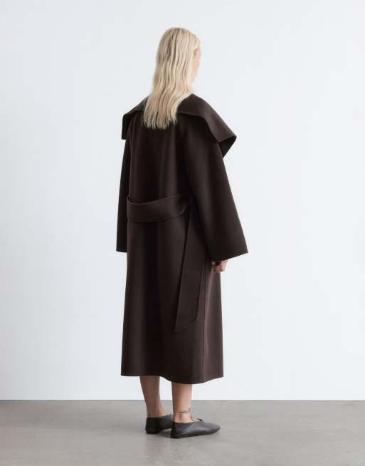 & Other Stories wool belted maxi coat with funnel neck in brown