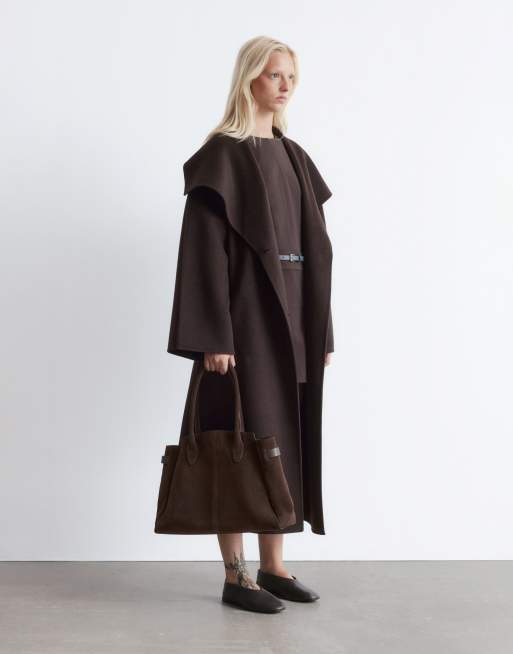 & Other Stories wool belted maxi coat with funnel neck in brown