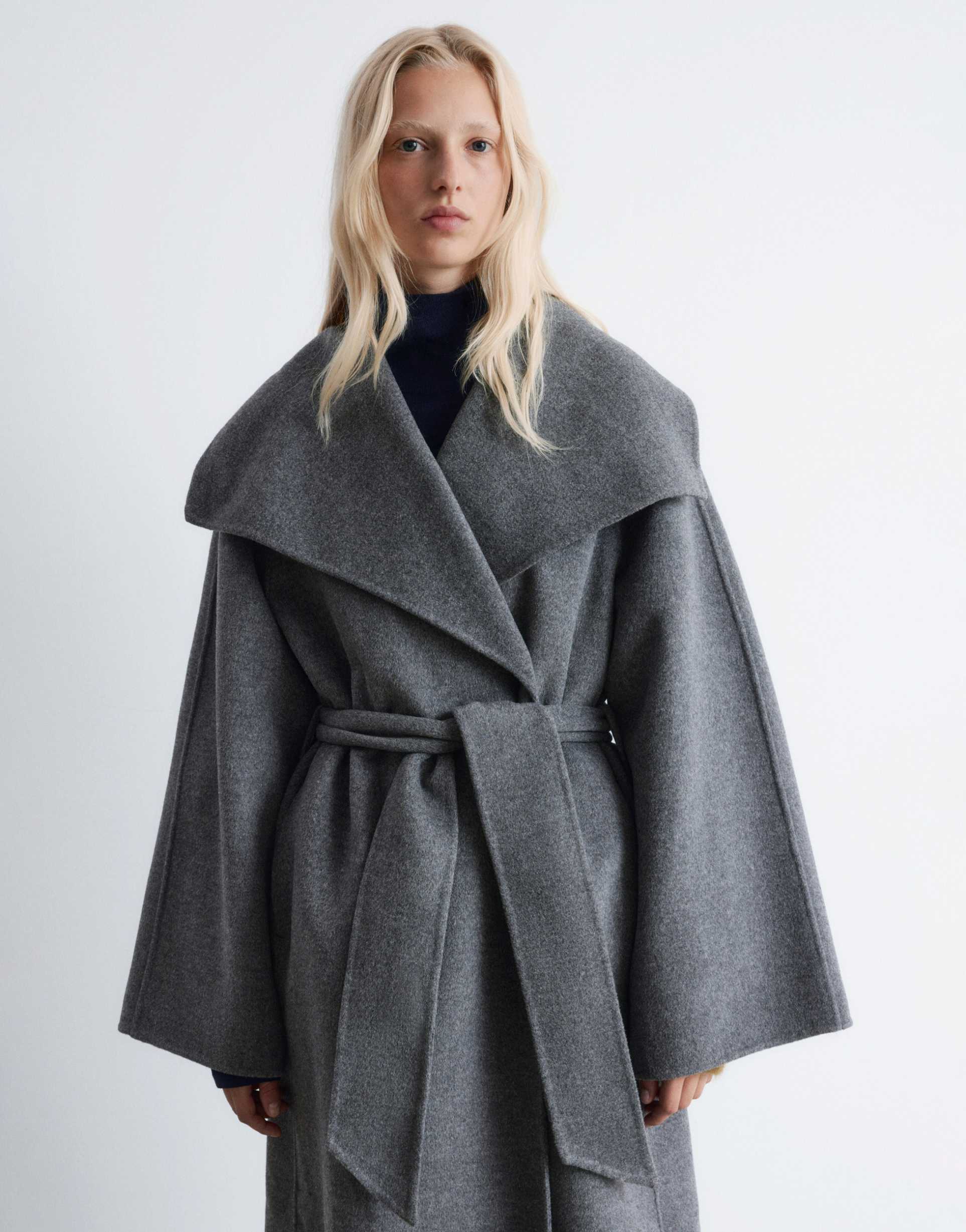 & other stories wool belted maxi coat with funnel neck in gray