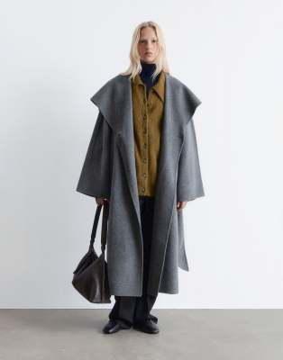 & Other Stories Wool Belted Maxi Coat With Funnel Neck In Gray