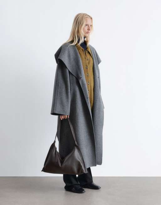 & Other Stories wool belted maxi coat with funnel neck in gray