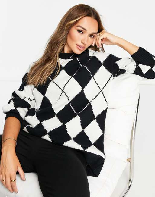 Other Stories wool blend argyle sweater in black and off white