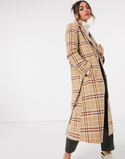 & Other Stories wool blend belted check coat in brown