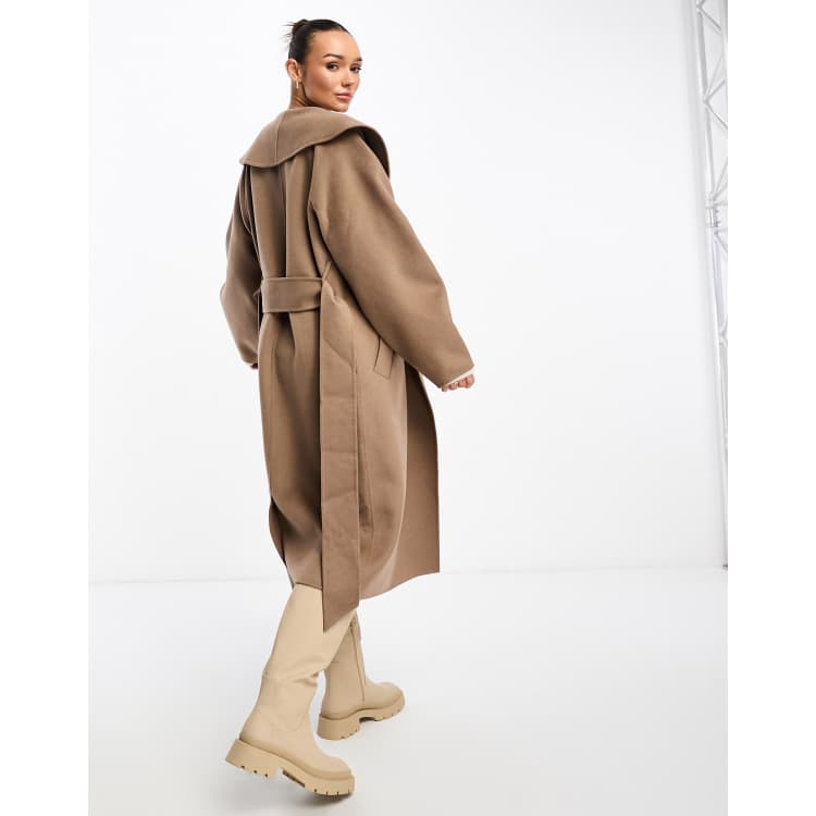 Weekday Kia wool blend oversized coat with tie waist detail in brown