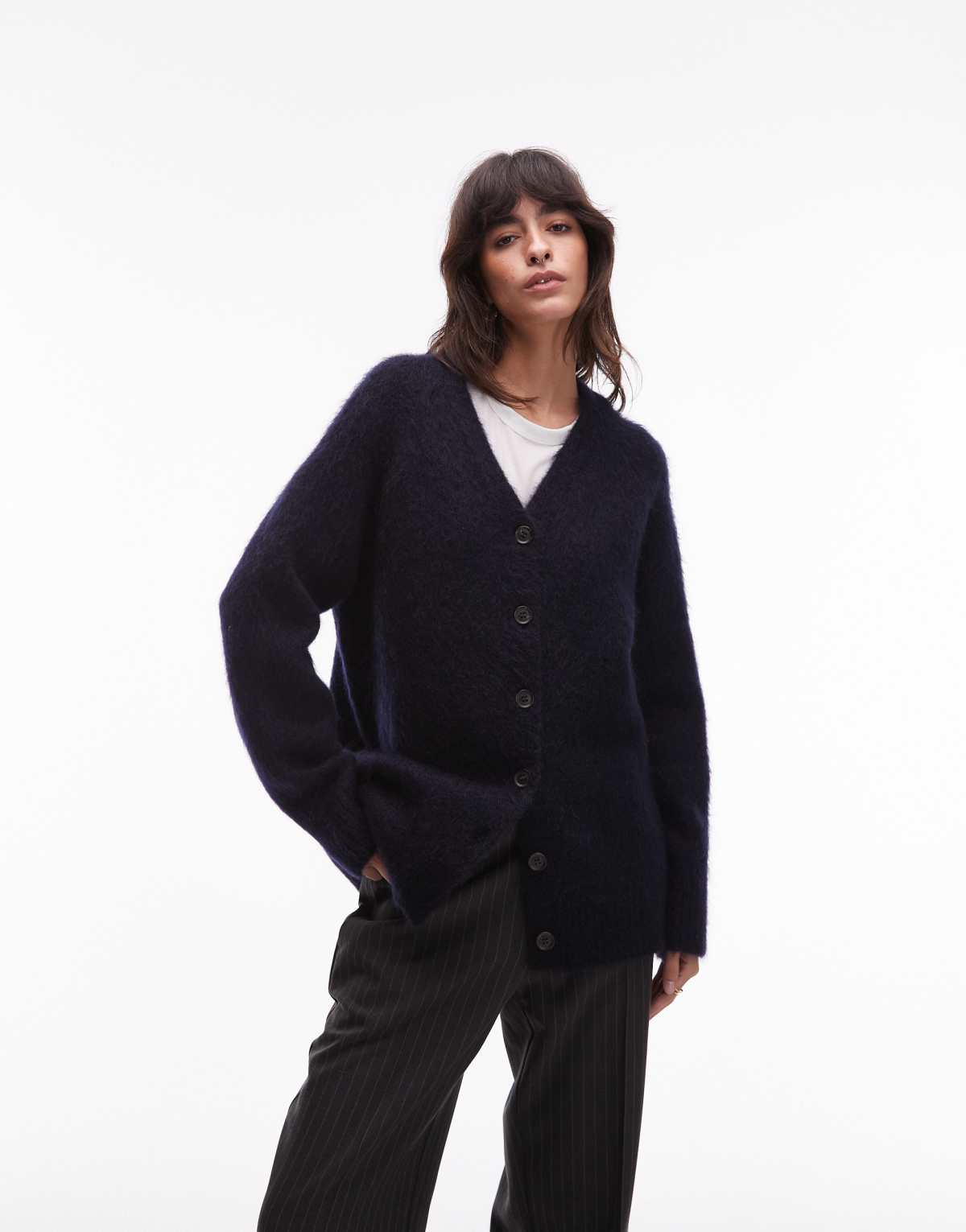 & Other Stories wool blend button down cardigan in dark blue