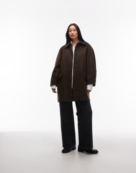 & Other Stories wool-blend car coat in brown with volume sleeves and contrast cord collar - view 1