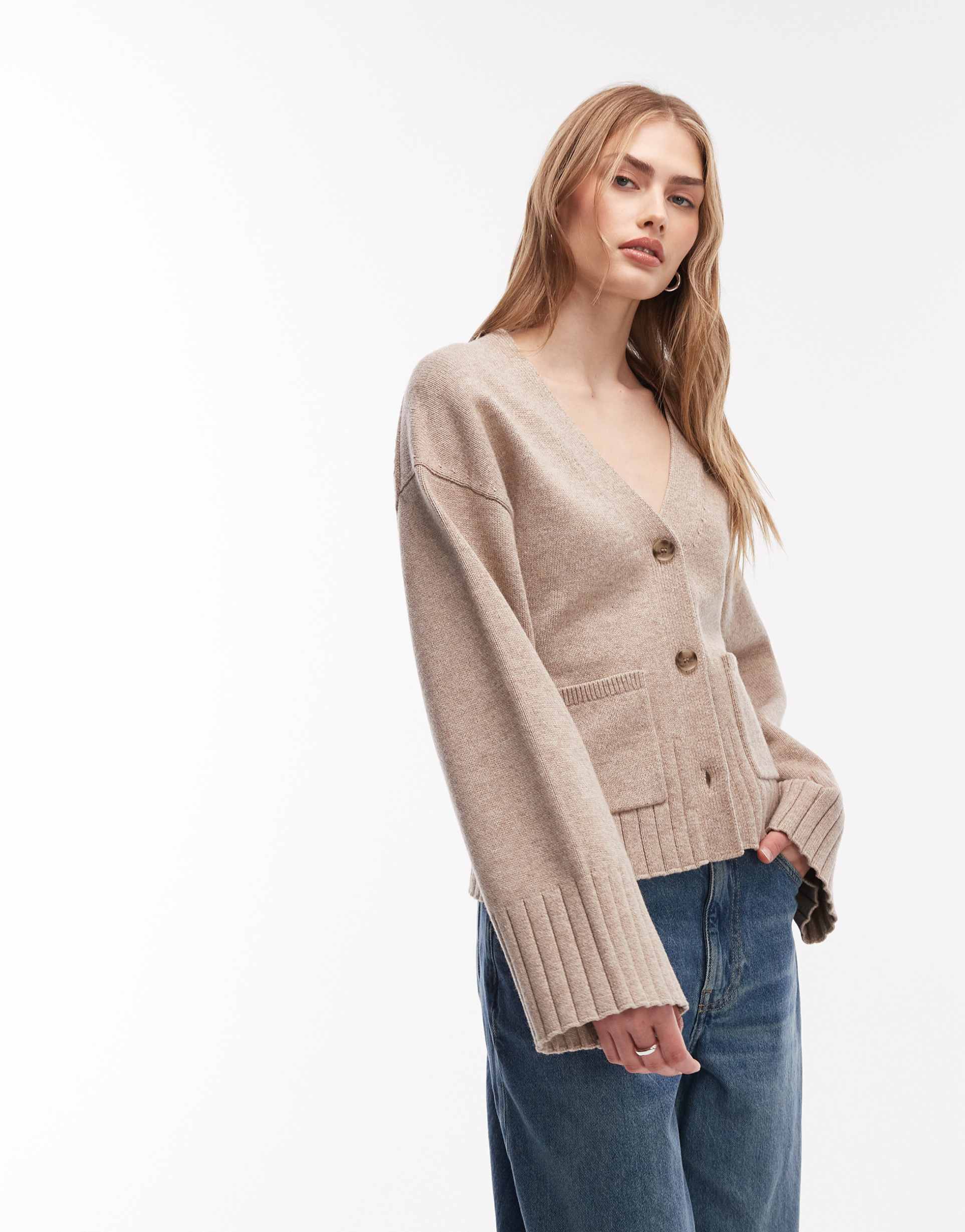 & other stories wool blend cardigan with cinched waist and volume sleeves in beige