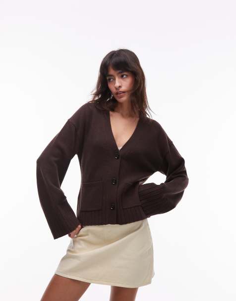 & Other Stories wool blend cardigan with cinched waist and volume sleeves in brown - view 1