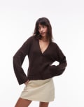 [Other Stories] & Other Stories wool-blend cardigan with cinched waist and volume sleeves in brown S BROWN