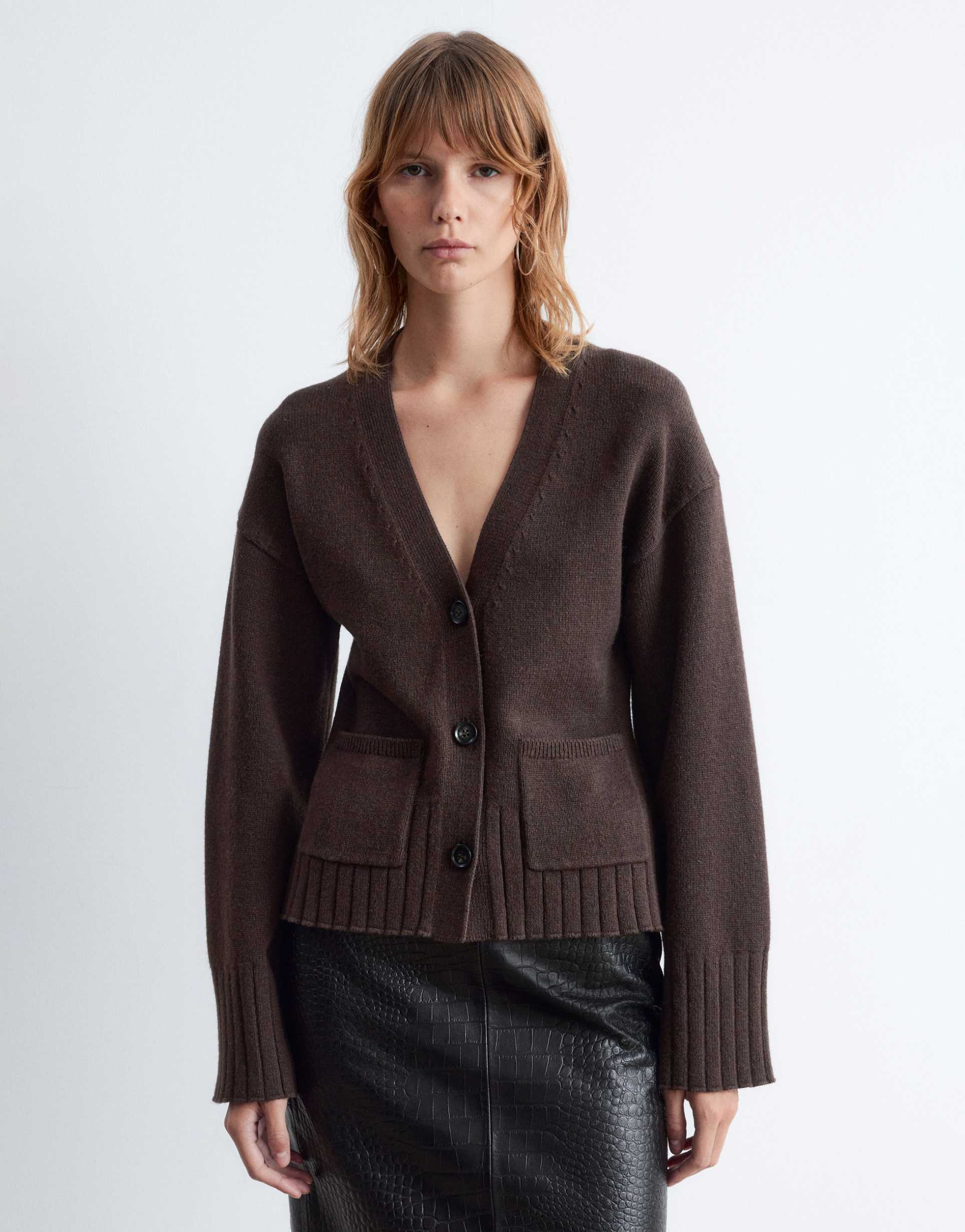 & other stories wool blend cardigan with cinched waist and volume sleeves in brown