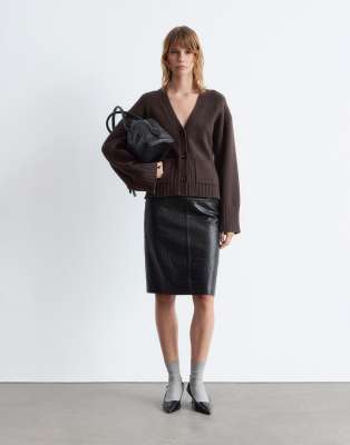 & Other Stories Wool Blend Cardigan With Cinched Waist And Volume Sleeves In Brown