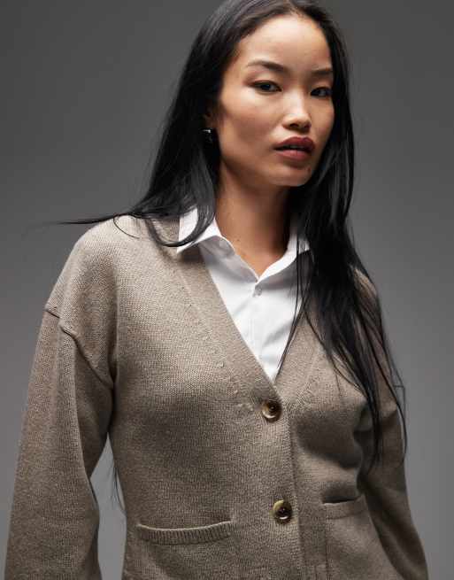 & Other Stories wool blend cardigan with cinched waist and volume sleeves in brown, 3 of 4