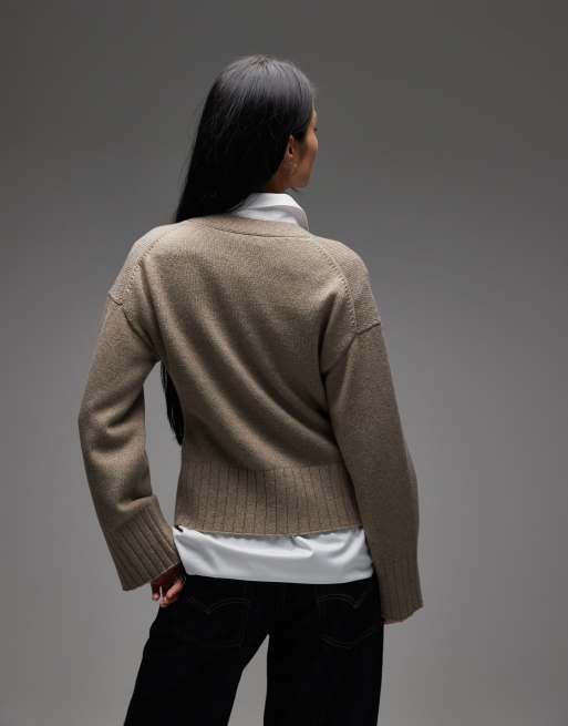 & Other Stories wool blend cardigan with cinched waist and volume sleeves in brown, 4 of 4