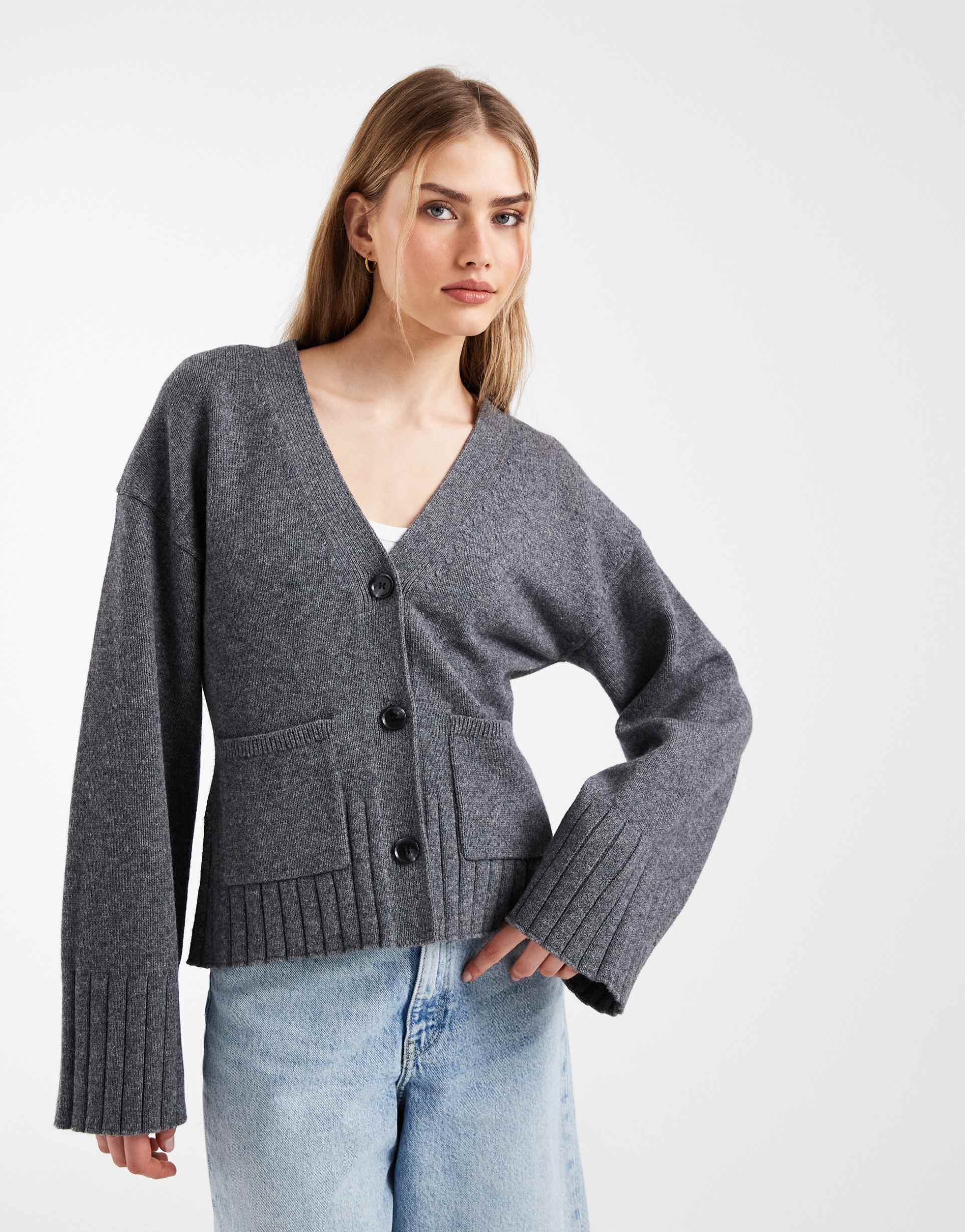 & other stories wool blend cardigan with cinched waist and volume sleeves in dark gray