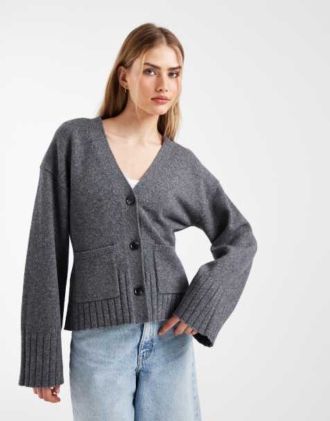 & Other Stories wool blend cardigan with cinched waist and volume sleeves in dark grey