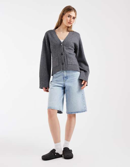 & Other Stories wool blend cardigan with cinched waist and volume sleeves in dark grey, 2 of 4