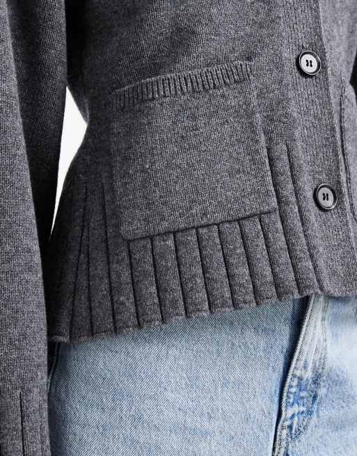 & Other Stories wool blend cardigan with cinched waist and volume sleeves in dark grey, 3 of 4