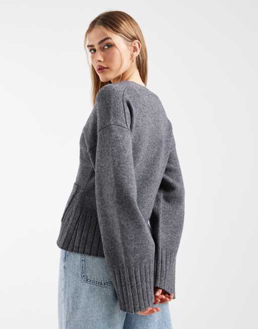 & Other Stories wool blend cardigan with cinched waist and volume sleeves in dark grey, 4 of 4
