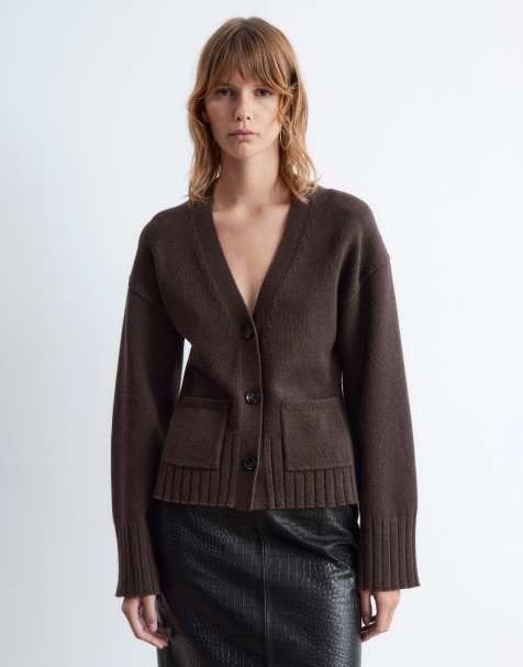 & Other Stories wool blend cardigan with cinched waist and volume sleeves in mole - view 1