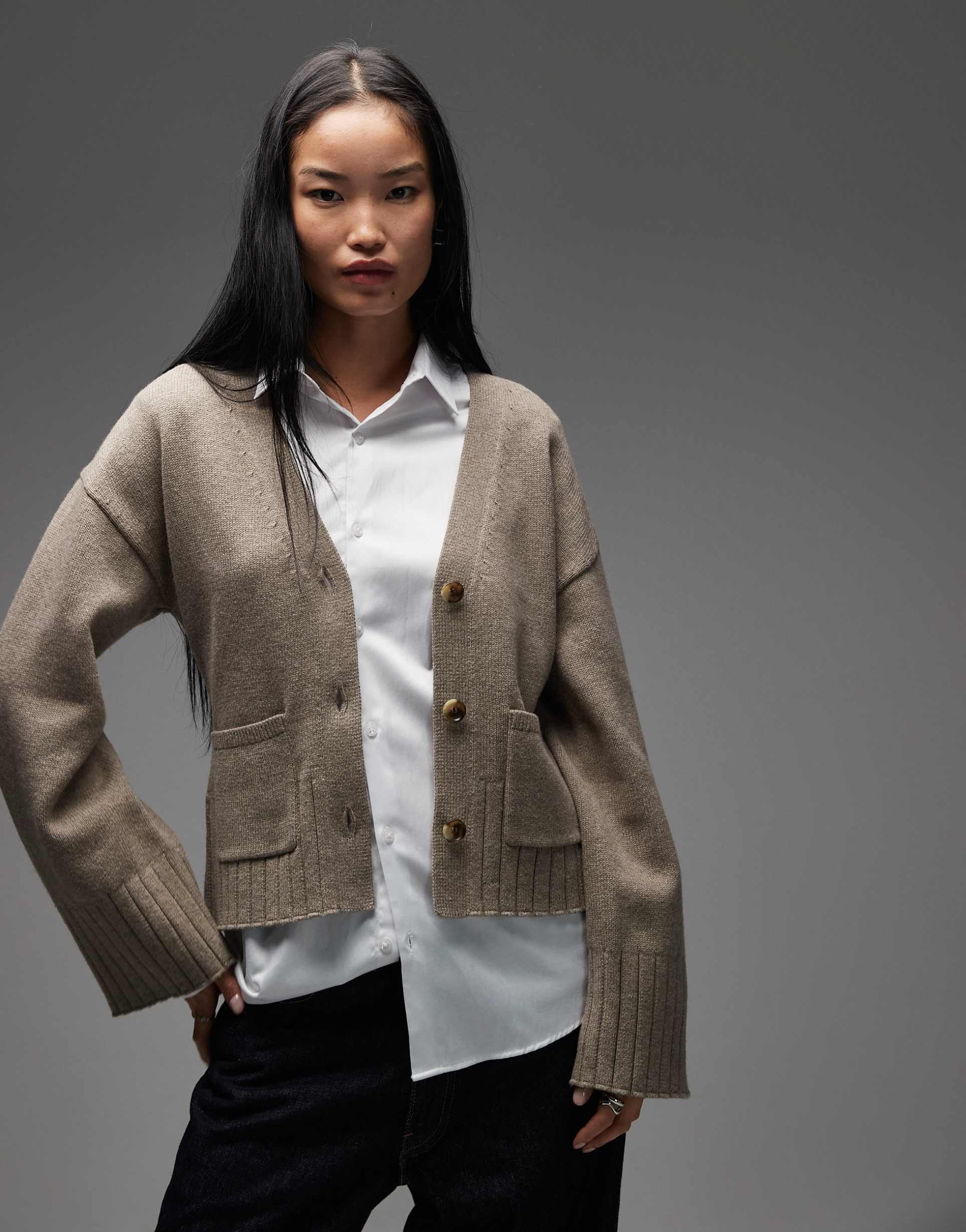 & other stories wool blend cardigan with cinched waist and volume sleeves in mole