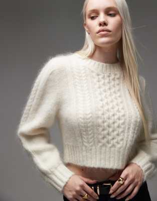 & Other Stories Wool Blend Crew Neck Cable Knit Sweater In White