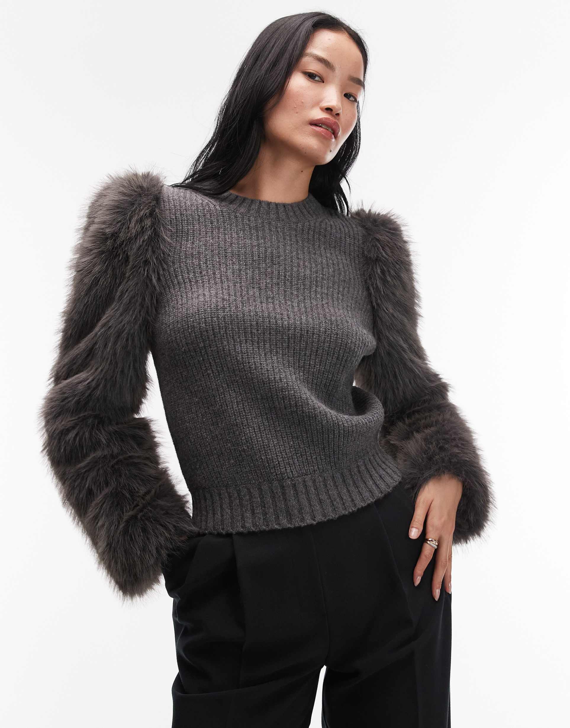 & other stories wool blend crew neck sweater with faux fur sleeves in gray