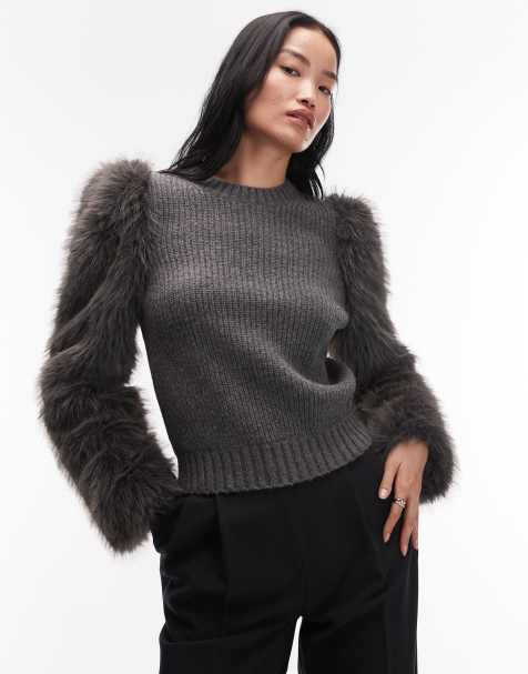 & Other Stories wool blend crew neck sweater with faux fur sleeves in grey - view 1
