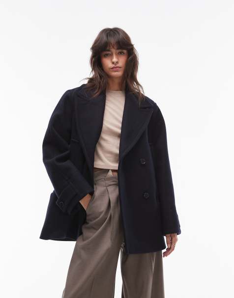 & Other Stories wool blend double breasted cropped coat with double pocket detail in dark blue - view 1