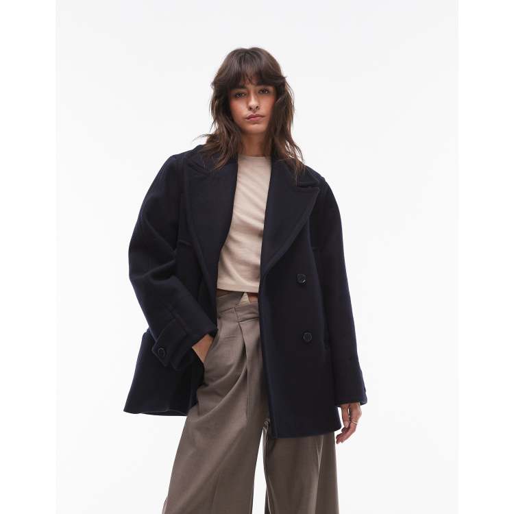 Other Stories wool blend double breasted cropped coat with double pocket detail in dark blue ASOS