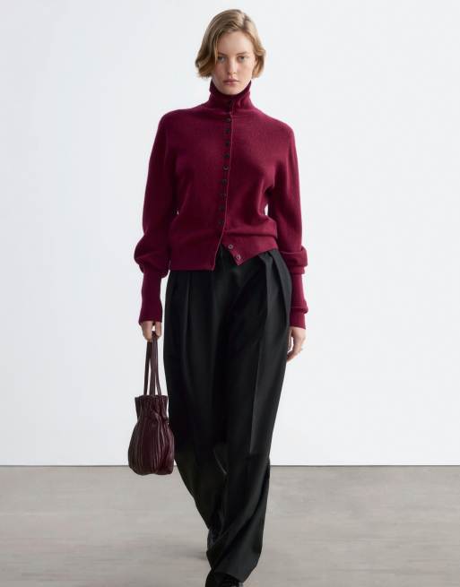 & Other Stories wool blend funnel neck cardigan in burgundy, 4 of 4