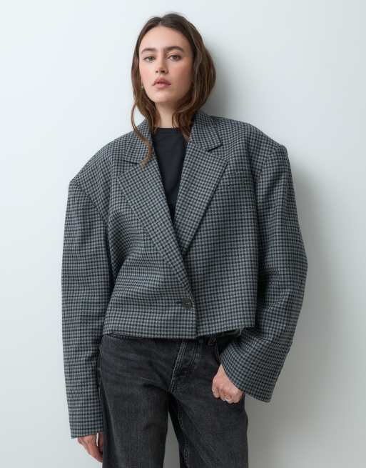 & Other Stories wool blend houndstooth cropped blazer in gray, 5 of 5