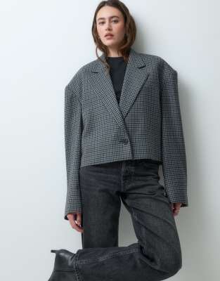 & Other Stories Wool Blend Houndstooth Cropped Blazer In Gray