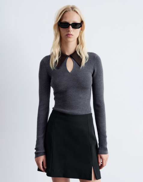 & Other Stories wool blend knit top in gray with contrast keyhole collar - view 1