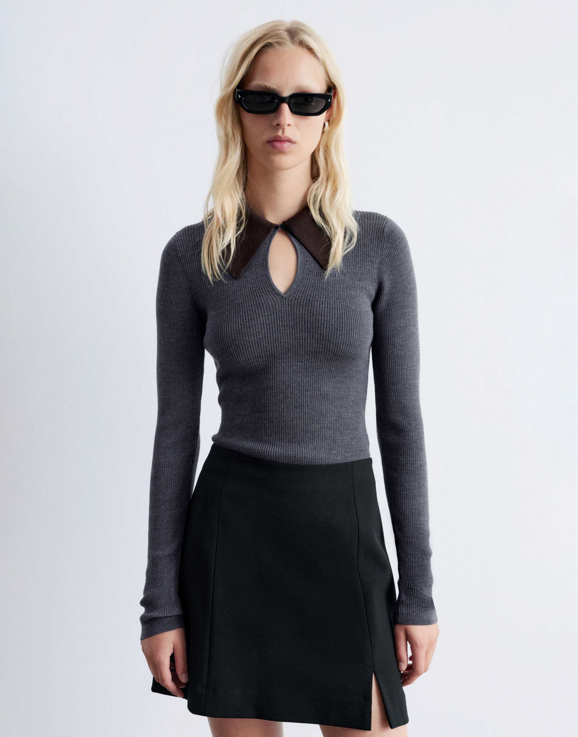 & other stories wool blend knit top in gray with contrast keyhole collar