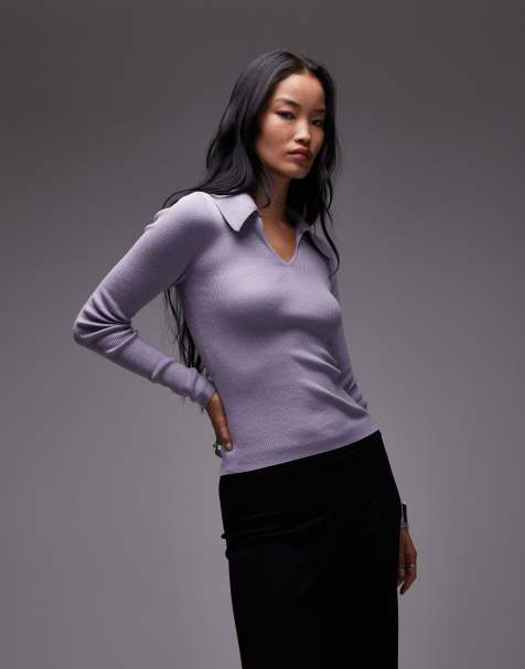 & Other Stories wool blend knit top in lilac with contrast keyhole collar - view 1