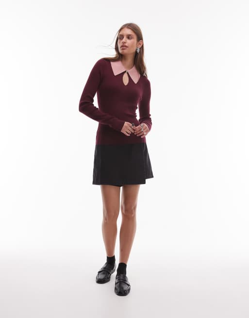 & Other Stories wool blend knitted top in burgundy with contrast keyhole collar, 2 of 4