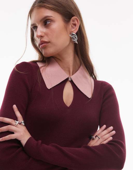 & Other Stories wool blend knitted top in burgundy with contrast keyhole collar, 3 of 4