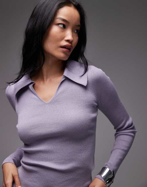& Other Stories wool blend knitted top in lilac with contrast keyhole collar, 2 of 4