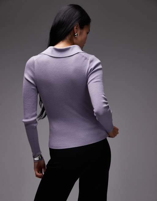& Other Stories wool blend knitted top in lilac with contrast keyhole collar, 4 of 4