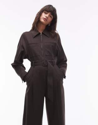 & Other Stories wool blend long sleeve utility jumpsuit in dark brown-Black