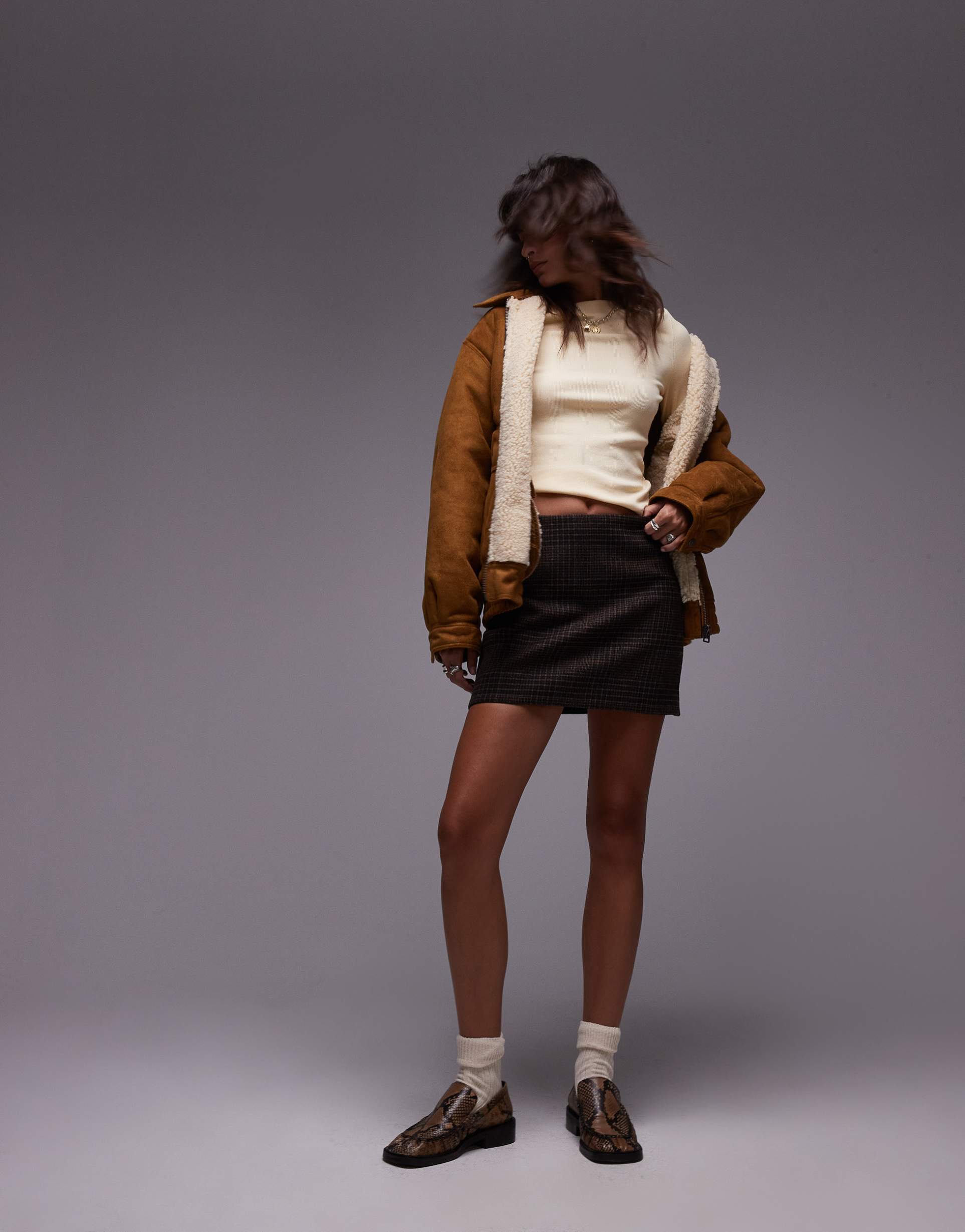 & other stories wool blend low rise mini skirt in brown check - part of a set